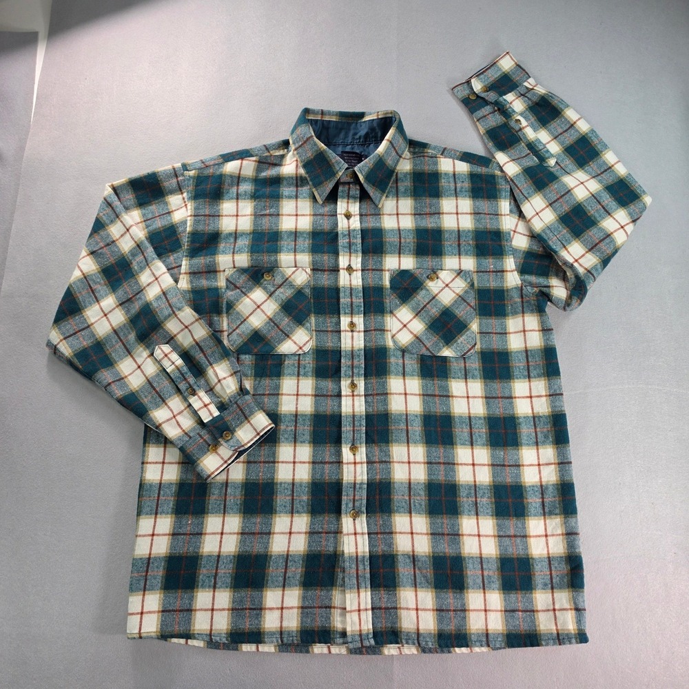 John Blair Mens Medium Plaid Flannel Shirt Teal Orange Long Sleeve Button Down